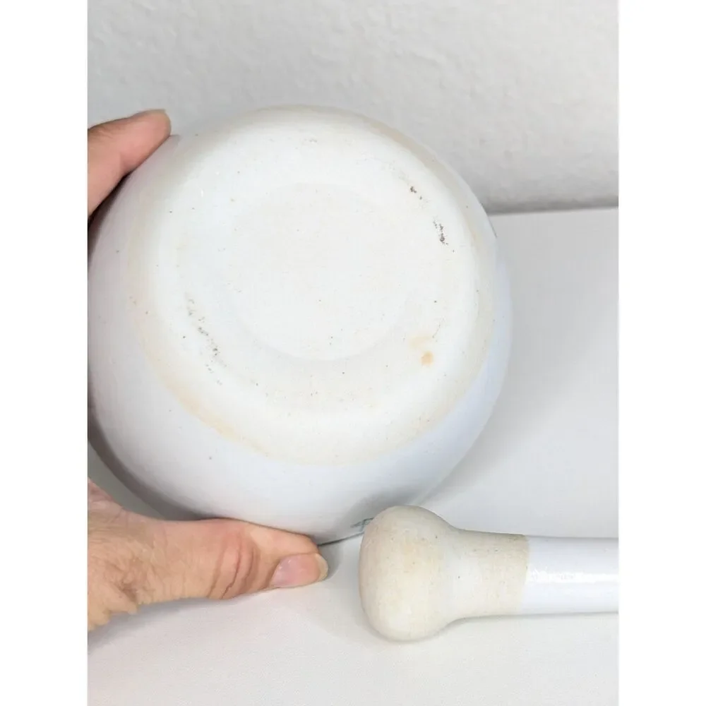 Vintage Small Ceramic Porcelain Mortar Pestle Set White Blue Anchor Mark Spout